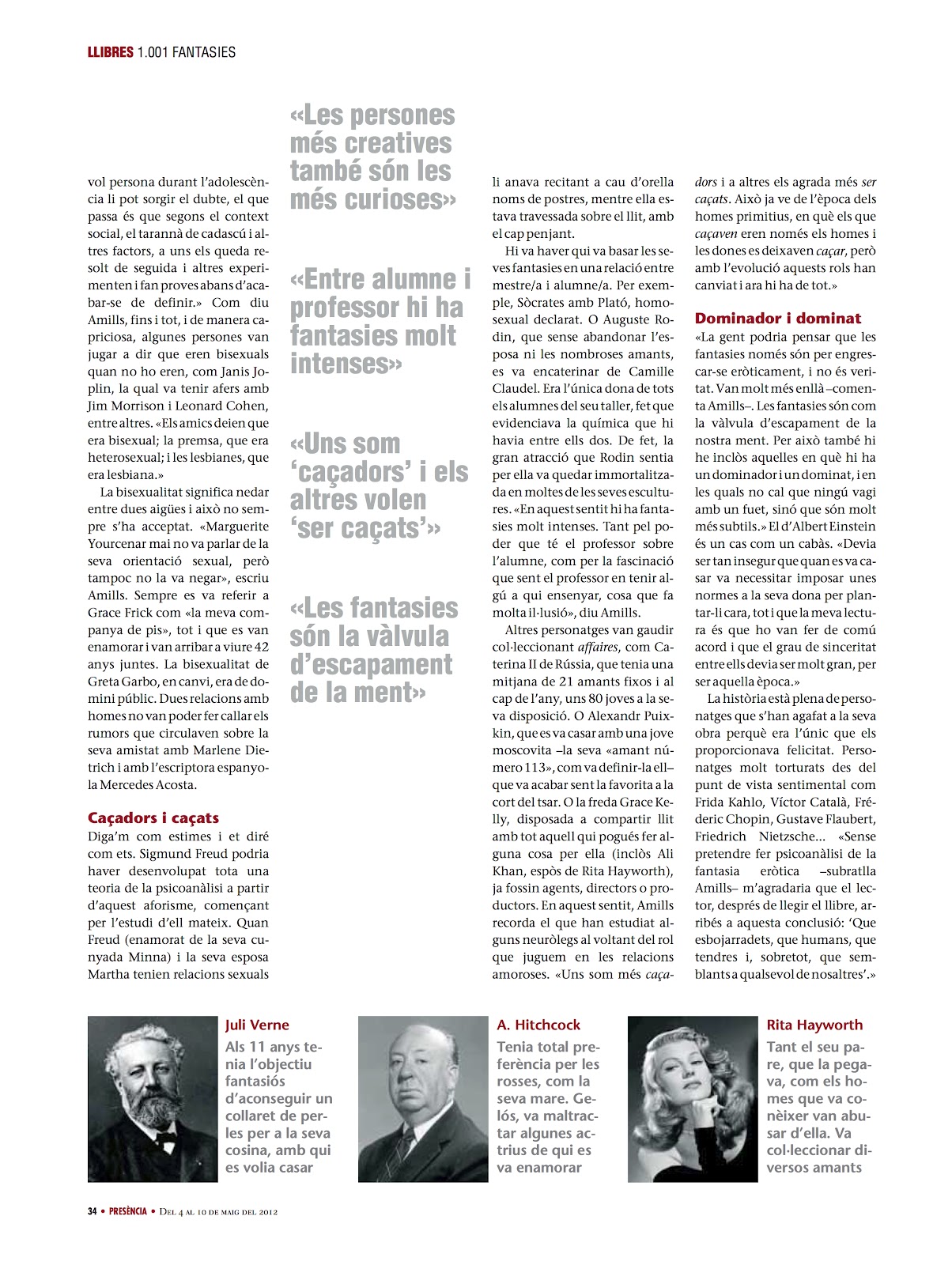 Pàgina 34 de la revista Presència amb quatre frases destacades de l'entrevista a Roser Amills i els retrats de Juli Verne, Alfred Hitchcock i Rita Hayworth