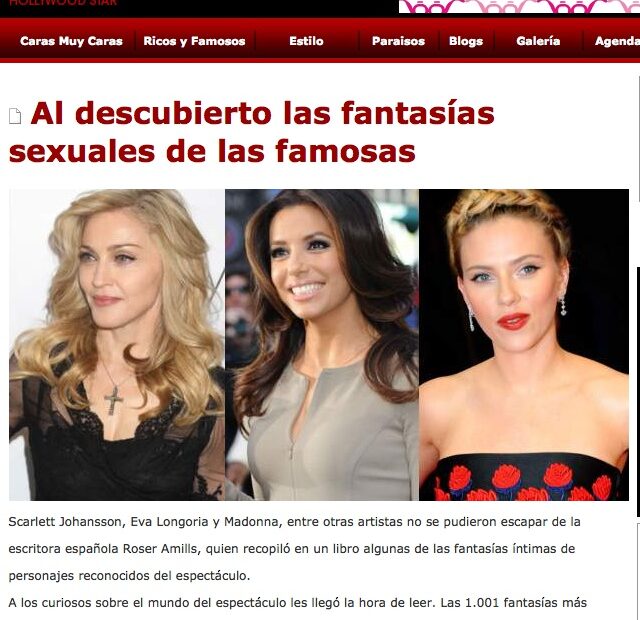 Captura de la notícia «Al descubierto las fantasías sexuales de las famosas» a Look Caras, amb fotografies de Madonna, Eva Longoria i Scarlett Johansson