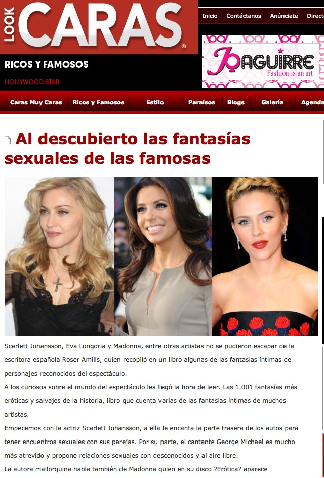Captura de la noticia «Al descubierto las fantasías sexuales de las famosas» en Look Caras, con fotografías de Madonna, Eva Longoria y Scarlett Johansson