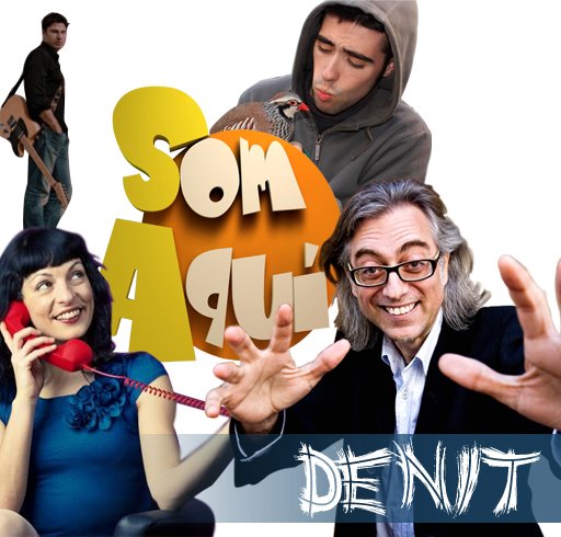Cartell de «Som Aquí de Nit» de Canal Terrassa: Roser Amills amb un telèfon vermell, un presentador gesticulant i dos joves més