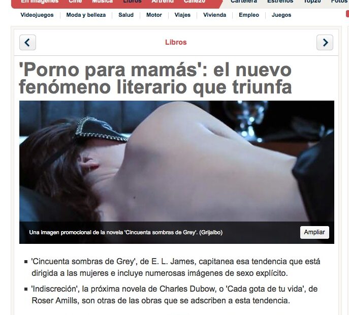 Captura de 20minutos.es amb l'article «'Porno para mamás': el nuevo fenómeno literario que triunfa», del 6 d'agost de 2012