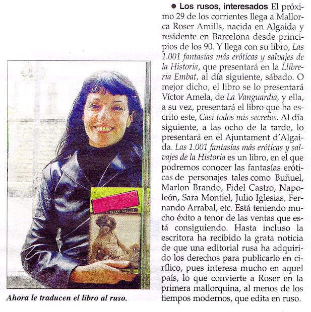 Recorte de Última Hora: «Los rusos, interesados», con Roser Amills sosteniendo el libro, y el pie «Ahora le traducen el libro al ruso»