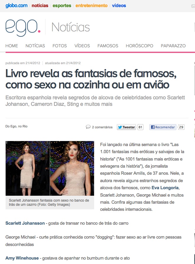 Recorte do Ego (Globo.com) de 21 de abril de 2012: «Livro revela as fantasias de famosos, como sexo na cozinha ou em avião», com duas fotos de Scarlett Johansson
