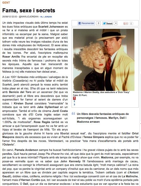 Pàgina d'El Punt Avui del 25 d'agost de 2012 amb l'article «Fama, sexe i secrets» sobre el llibre de Roser Amills