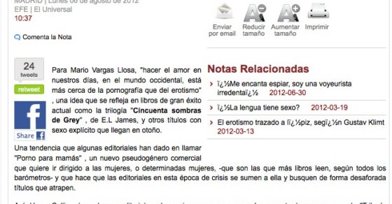 Captura de la secció Cultura d'El Universal (Mèxic) amb l'article «El sexo explícito llega a la literatura», del 6 d'agost de 2012