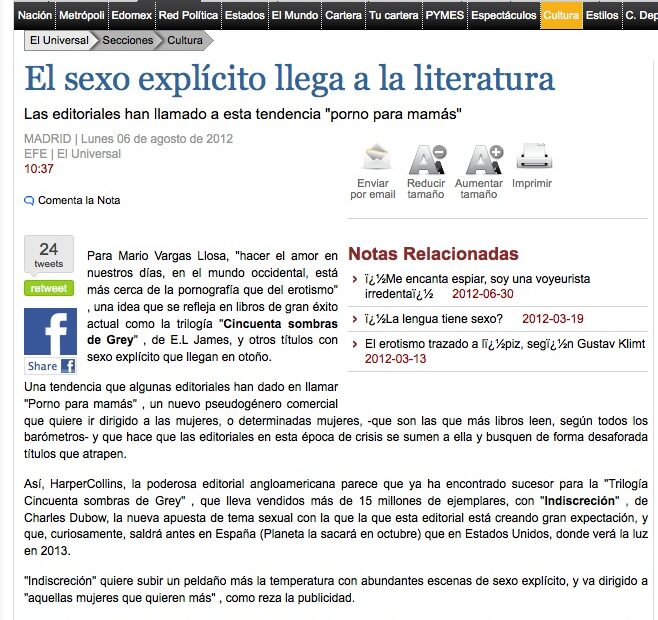 Captura de la secció Cultura d'El Universal (Mèxic) amb l'article «El sexo explícito llega a la literatura», del 6 d'agost de 2012