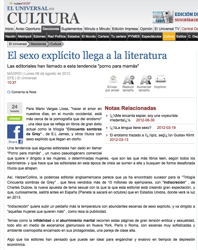 Captura de la sección Cultura de El Universal (México) con el artículo «El sexo explícito llega a la literatura», del 6 de agosto de 2012