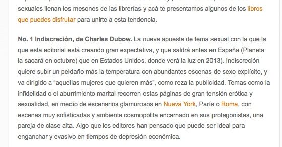 Captura del bloc Esnobismo Gourmet amb l'article «5 libros para entender el boom de las novelas sexuales», del 9 d'agost de 2012