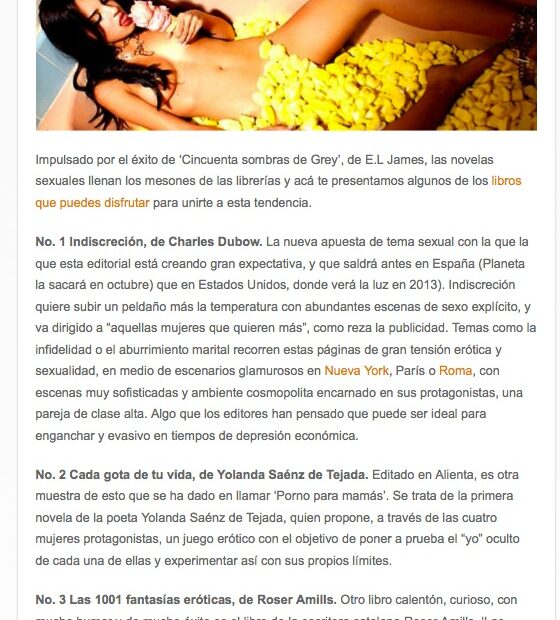 Captura del bloc Esnobismo Gourmet amb l'article «5 libros para entender el boom de las novelas sexuales», del 9 d'agost de 2012