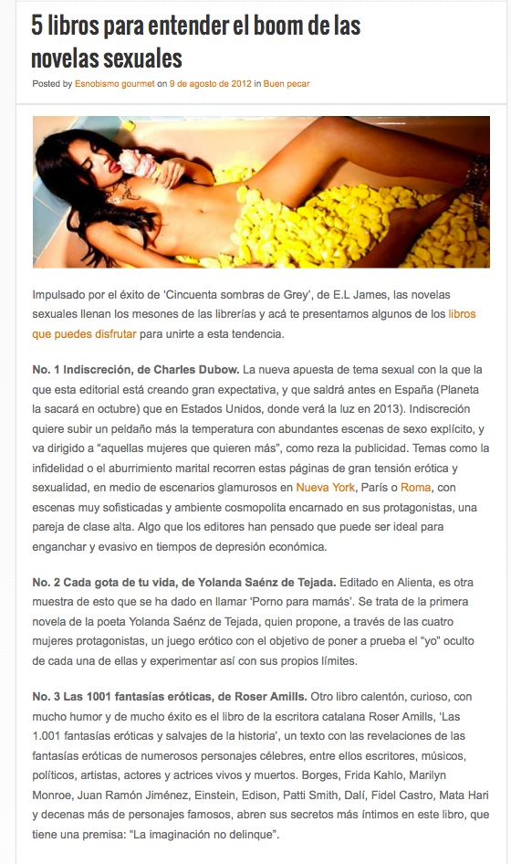 Captura del blog Esnobismo Gourmet con el artículo «5 libros para entender el boom de las novelas sexuales», del 9 de agosto de 2012