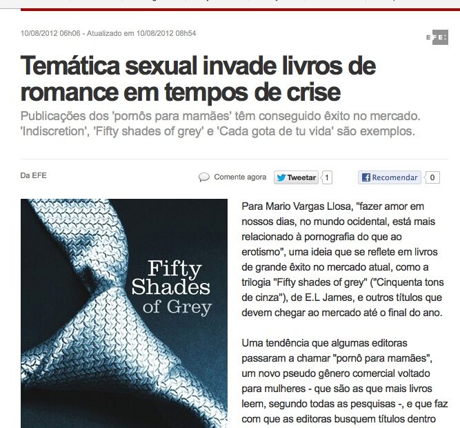 Captura de G1 (Brasil) amb l'article «Temática sexual invade livros de romance em tempos de crise», del 10 d'agost de 2012, amb la coberta de Fifty Shades of Grey
