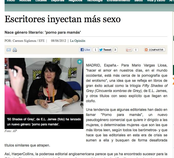 Captura de La Opinión (Los Angeles) amb l'article «Escritores inyectan más sexo» de Carmen Sigüenza / EFE, del 6 d'agost de 2012