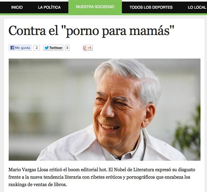 Captura de Mendoza Opina amb l'article «Contra el porno para mamás», amb un retrat somrient de Mario Vargas Llosa