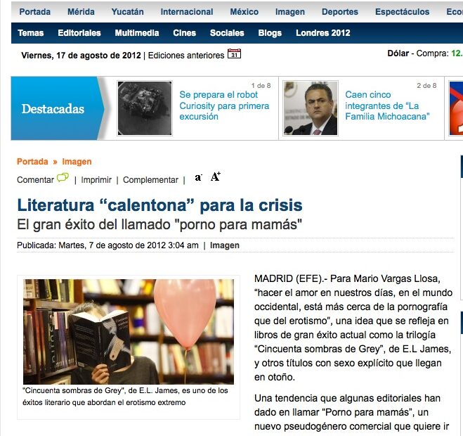 Recorte del Diario de Yucatán, 7 d'agost de 2012: «Literatura ‘calentona’ para la crisis», despatx d'EFE sobre el «porno para mamás»