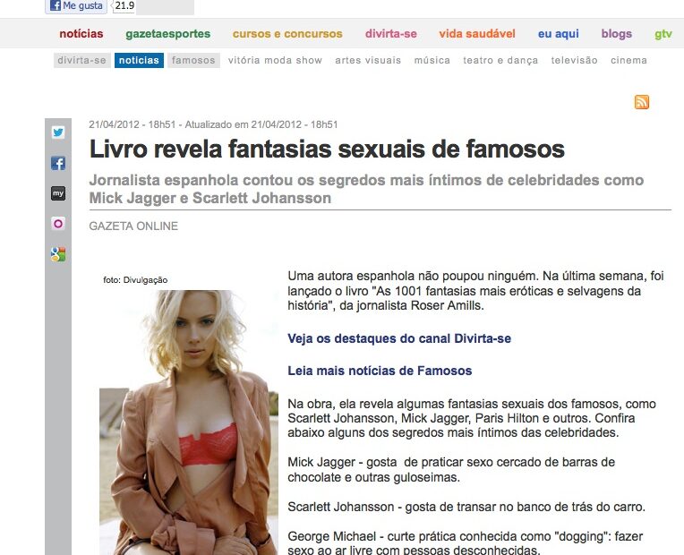 Recorte de Gazeta Online (Globo.com), 21 d'abril de 2012: «Livro revela fantasias sexuais de famosos», amb una foto de Scarlett Johansson
