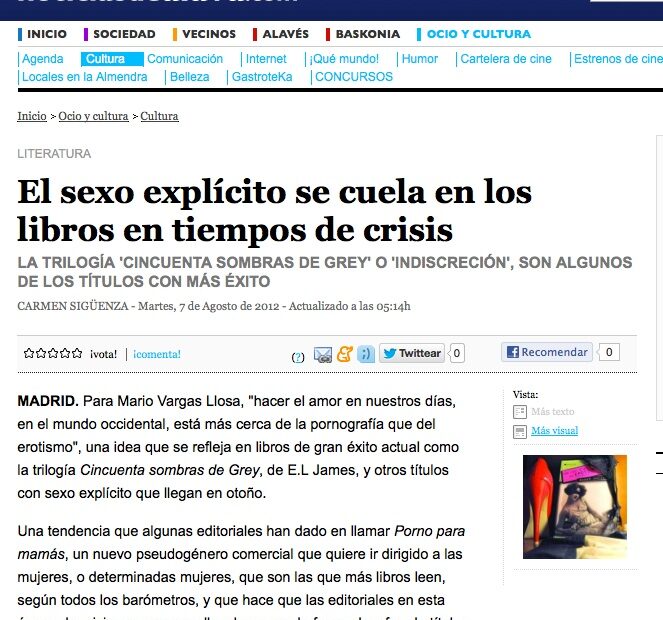 Recorte de Noticias de Álava, 7 d'agost de 2012: «El sexo explícito se cuela en los libros en tiempos de crisis», de Carmen Sigüenza (EFE)