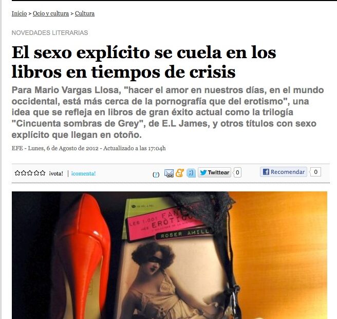 Recorte de Noticias de Gipuzkoa, 6 d'agost de 2012: «El sexo explícito se cuela en los libros en tiempos de crisis», amb la portada de Las 1.001 fantasías de Roser Amills