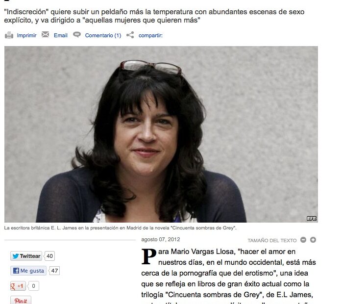 Recorte de la secció Arte y Cultura, 7 d'agost de 2012: «Porno y eros en la literatura de la postmodernidad», amb una foto d'E. L. James