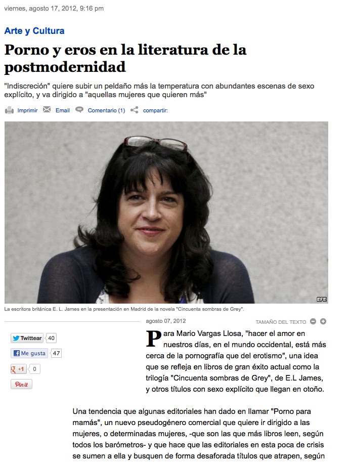 Recorte de la sección Arte y Cultura del 7 de agosto de 2012: «Porno y eros en la literatura de la postmodernidad», con una foto de E. L. James
