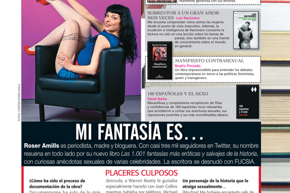 Pàgina de la revista Fucsia amb la secció «Mi fantasía es…», Roser Amills asseguda en una butaca blava sobre un fons de llibres