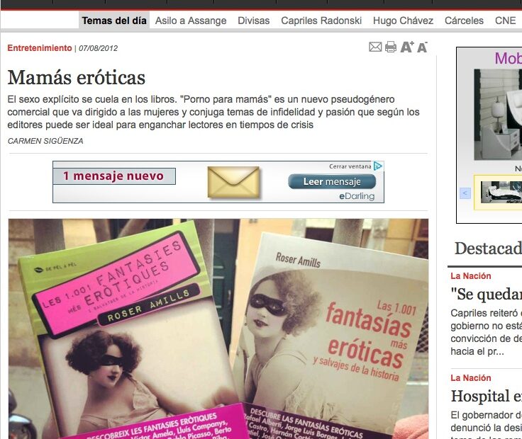 Captura de TalCualDigital.com (Caracas) amb l'article «Mamás eróticas», del 7 d'agost de 2012, amb dos exemplars de Las 1.001 fantasías de Roser Amills