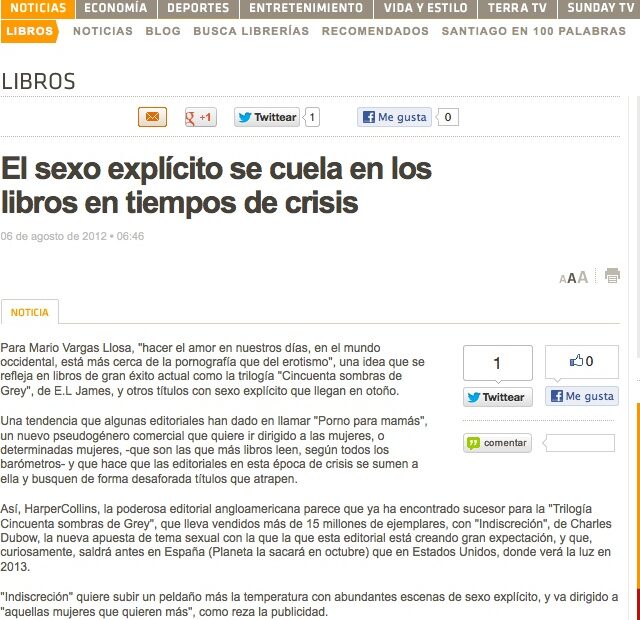 Retall de Terra Chile, secció Libros, del 6 d'agost de 2012: «El sexo explícito se cuela en los libros en tiempos de crisis»