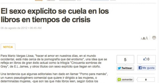 Retall de Terra Cultura del 6 d'agost de 2012: «El sexo explícito se cuela en los libros en tiempos de crisis», text sobre fons blanc amb la capçalera de Terra