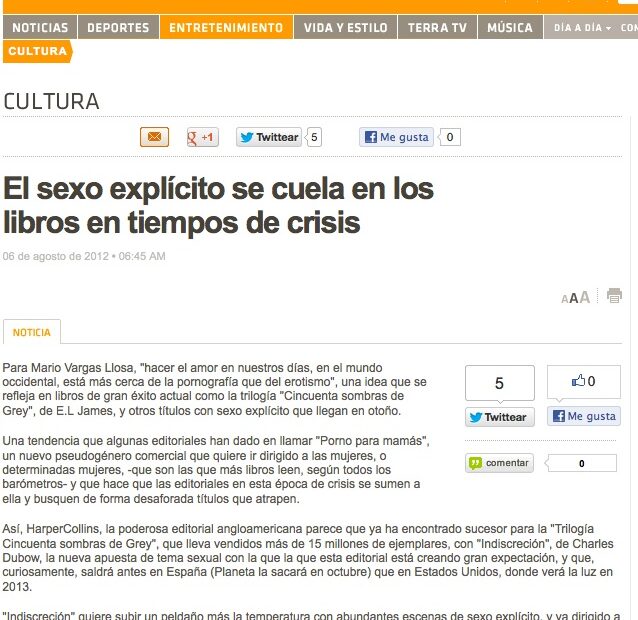 Retall de Terra Cultura del 6 d'agost de 2012: «El sexo explícito se cuela en los libros en tiempos de crisis», text sobre fons blanc amb la capçalera de Terra