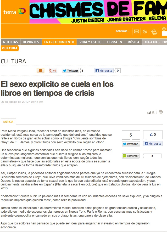 Recorte de Terra Cultura del 6 de agosto de 2012: «El sexo explícito se cuela en los libros en tiempos de crisis», texto sobre fondo blanco con la cabecera de Terra