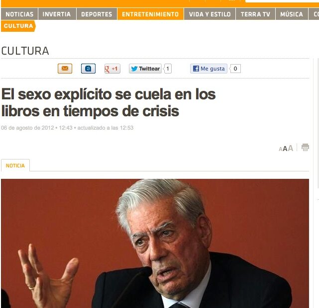 Retall de Terra Cultura del 6 d'agost de 2012: «El sexo explícito se cuela en los libros en tiempos de crisis», amb Mario Vargas Llosa parlant davant un micròfon