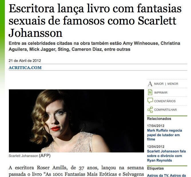 Retall d'A Crítica del 21 d'abril de 2012: «Escritora lança livro com fantasias sexuais de famosos como Scarlett Johansson», amb Scarlett Johansson de perfil