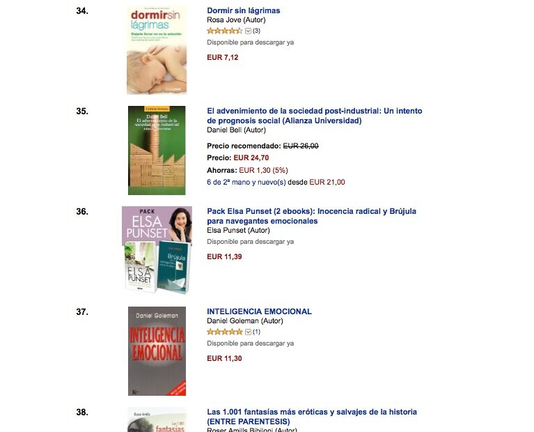 Captura de la llista de més venuts d'Amazon: «Las 1.001 fantasías más eróticas y salvajes de la historia», de Roser Amills, al lloc 38