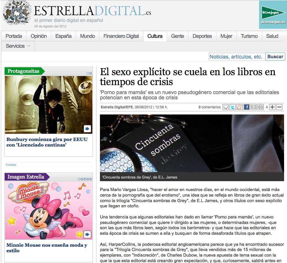 Recorte de Estrella Digital del 6 de agosto de 2012: «El sexo explícito se cuela en los libros en tiempos de crisis», con la imagen de un ejemplar de Cincuenta sombras de Grey