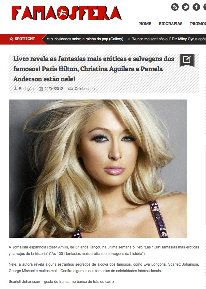 Retall de Famaosfera del 21 d'abril de 2012: «Livro revela as fantasias mais eróticas e selvagens dos famosos!», amb un retrat de Paris Hilton