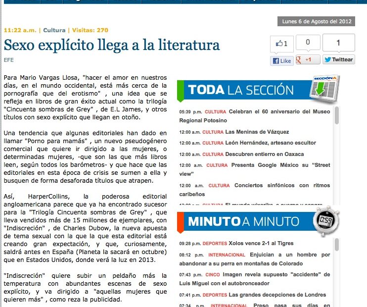 Retall d'una web mexicana: «Sexo explícito llega a la literatura», text de l'EFE