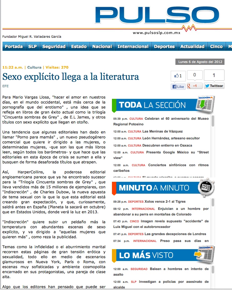 Recorte de Pulso (San Luis Potosí) del 6 de agosto de 2012: «Sexo explícito llega a la literatura», texto de EFE