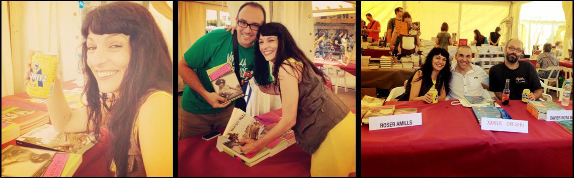 Tres fotos de la signatura de llibres de la Diada 2012: Roser Amills, amb un lector i amb Xavier Gregori i Xavier Rota Boada