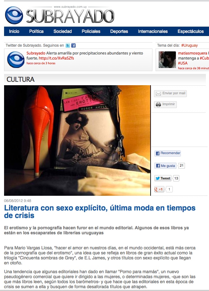 Recorte de Subrayado (Uruguay) del 6 de agosto de 2012: «Literatura con sexo explícito, última moda en tiempos de crisis», con la portada del libro y un zapato rojo de tacón