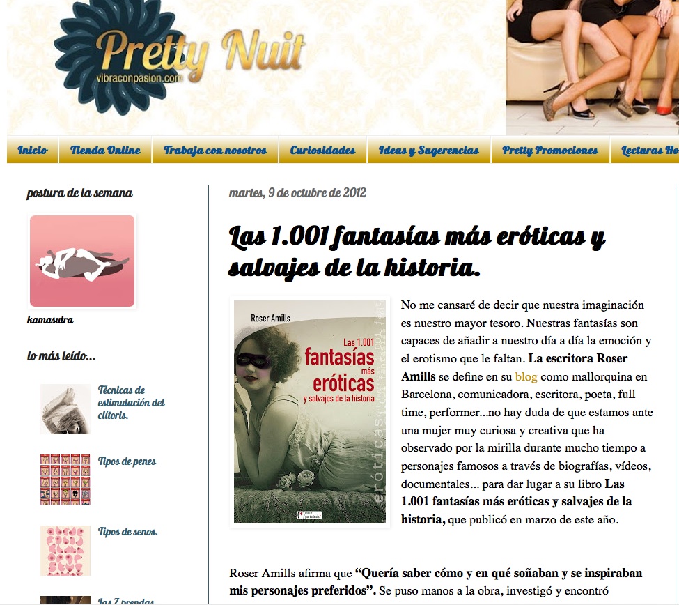 Captura de la página de Pretty Nuit, del 9 de octubre de 2012, con el artículo sobre Las 1.001 fantasías más eróticas y salvajes de la historia y la cubierta del libro