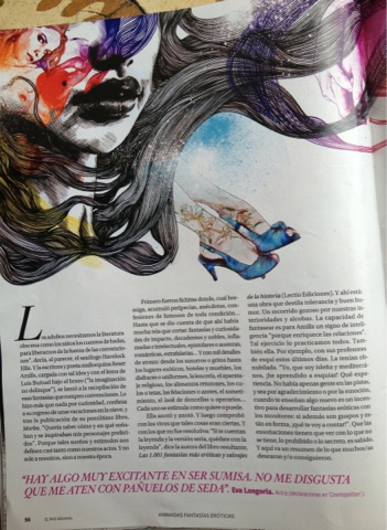 Página de El País Semanal con el inicio del reportaje, una ilustración de un rostro de mujer con zapatos azules y, destacada, una cita de Eva Longoria