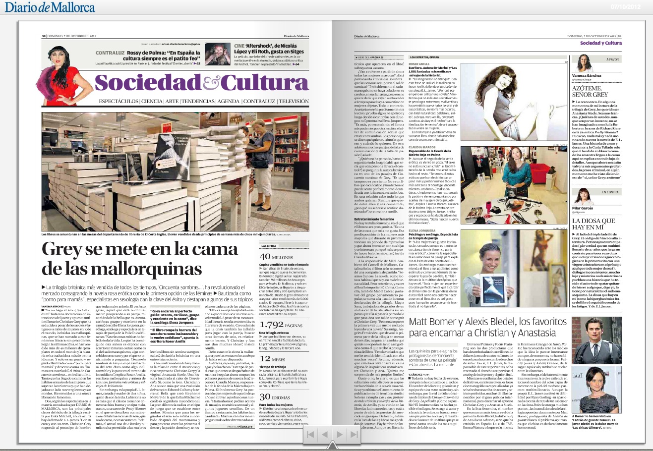 Pàgines 58 i 59 del Diario de Mallorca del 7 d’octubre de 2012, amb el reportatge «Grey se mete en la cama de las mallorquinas»
