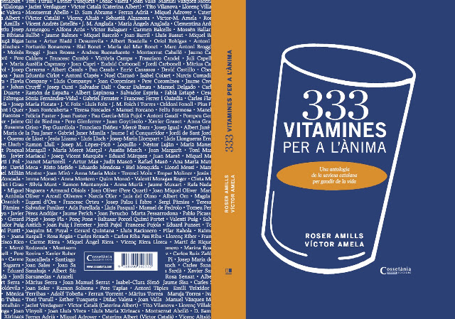 Cubierta completa de 333 vitamines per a l'ànima, de Roser Amills y Víctor Amela, con la lista de colaboradores en la contracubierta