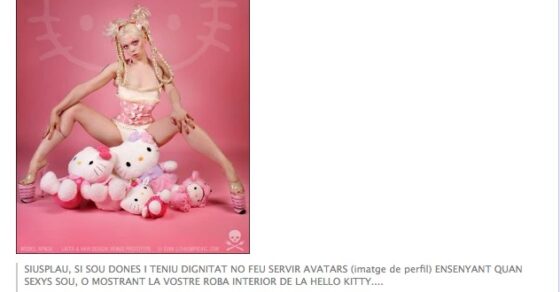Captura de Facebook: foto de una mujer con ropa interior sobre peluches de Hello Kitty en fondo rosa, con el texto contra los avatares sexys y la respuesta de Roser Amills