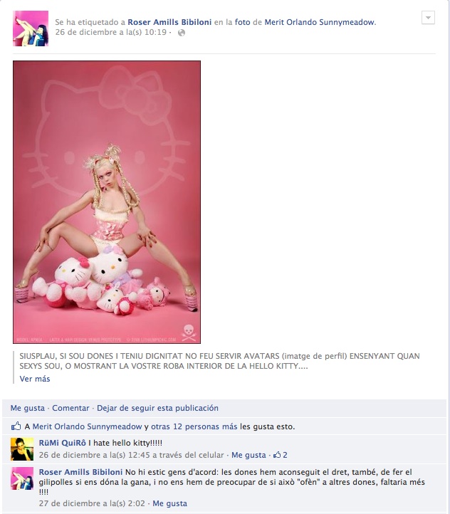 Captura de Facebook: foto de una mujer con ropa interior sobre peluches de Hello Kitty en fondo rosa, con el texto contra los avatares sexys y la respuesta de Roser Amills