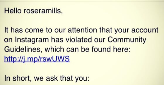 Captura del correo de Instagram del 28 de diciembre de 2012 que avisa a roseramills de que su cuenta infringe las normas de la comunidad