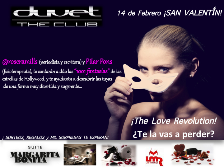 Cartel de Duvet The Club para San Valentín, el 14 de febrero de 2013: Roser Amills y Pilar Pons contarán las 1001 fantasías de las estrellas de Hollywood; una mujer rubia con antifaz blanco sobre fondo morado