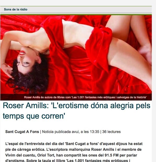 Captura de Cugat.cat amb l’entrevista «Roser Amills: L’erotisme dóna alegria pels temps que corren» i una foto de Roser Amills amb un vestit vermell