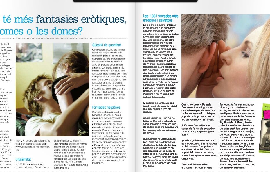 Doble página de la revista La Torre de Barcelona, febrero de 2013, con el artículo «Qui té més fantasies eròtiques, els homes o les dones?»