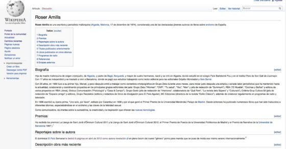 Captura de la página de Roser Amills en la Wikipedia, con el índice de contenidos y el apartado de biografía