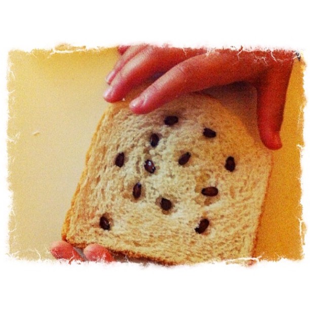 Rebanada de pan de molde con pasas formando un círculo, sostenida por una mano